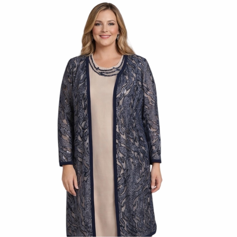 Elegant 2 Pc Dress and Jacket Set Blue Sequin Formal EU 46